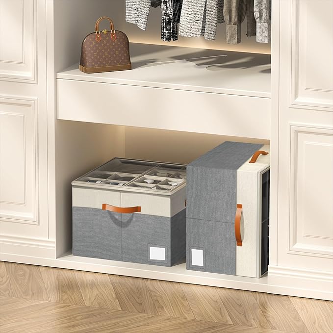 Aokeyee Shoe Organizer for Closet,2 Pack Foldable Shoe Storage Organizer Box Bin with Adjustable Dividers and Clear Cover, Fits up to 16-32 Pairs (Beige and Grey)