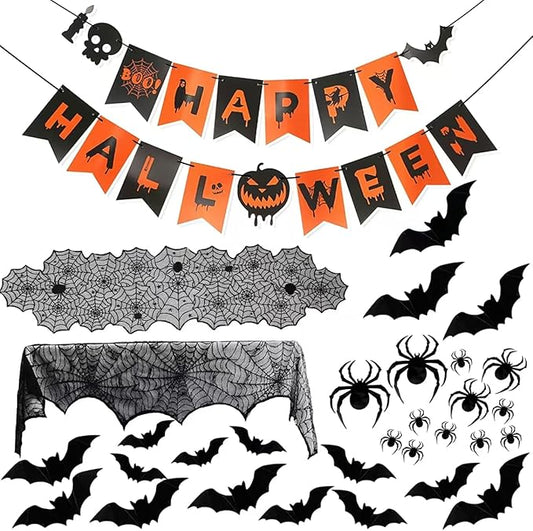 Indoor/Outdoor Halloween Decor Set - Mantel Scarf, Spider Table Runner, 3D Bats & Spiders, Happy Halloween Banner