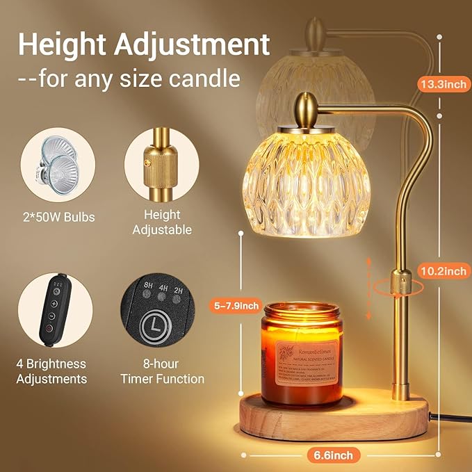 [Set of 2] Candle Warmer Lamp, Candle Warmer with Timer & Dimmer Height Adjustable for All Size Scented Candles, [Gold] with 2 * 50W Bulbs for Mothers Day Gifts