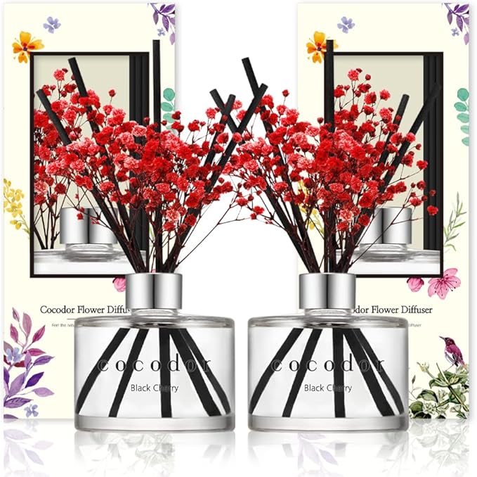 COCODOR Preserved Real Flower Reed Diffuser/Black Cherry / 6.7oz(200ml) / 2 Pack/Reed Diffuser Set, Oil Diffuser & Reed Diffuser Sticks, Home Decor & Office Decor, Fragrance and Gifts