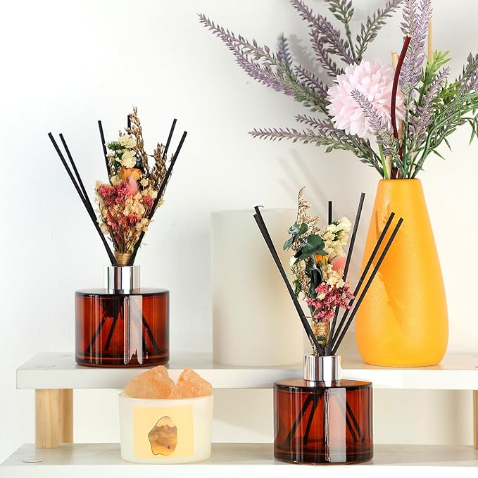 Rtteri 2 Reed Diffuser Sets Flower Oil Diffuser Sticks with Refill Empty 5oz Bottles Scent Glass for Fragrance Home Bathroom Gifts, Oil Not Included(Coffee Color)