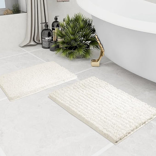 Walensee Bathroom Rug 2 Pieces Set Non Slip Bath Mat (17x24 Plus 20x32 Inch Ivory) Water Absorbent Super Soft Shaggy Chenille Machine Washable Dry Extra Thick Perfect Carpet for Shower Floor