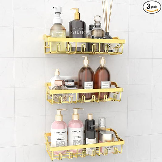 3 Pack Shower Caddy, Adhesive Shower Organizer for Bathroom Storage, Rustproof Stainless Steel Shower Shelves, No Drilling, Large Capacity Shower Rack Shelf for Inside Shower, Gold