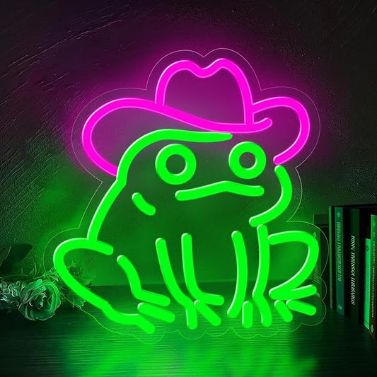 Frog Neon Sign for Wall Decor,Dimmable Frog with Cowboy Hat Neon Light,Pink Green Animal Light Up Signs for Bedroom Party Bar Background Decoration