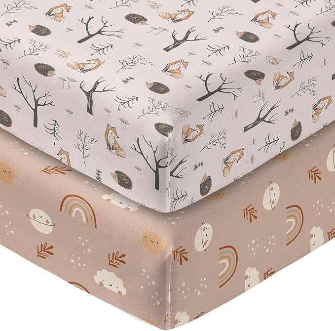 Horaldaily 2 Pack Fitted Crib Sheet for Boys Girls,Soft Breathable Washable Jersey Microfiber Baby Crib Sheet, Fits Standard Size Crib Mattress 28in x 52in, Animals Leaves Nursery Sheet Beige/Orange