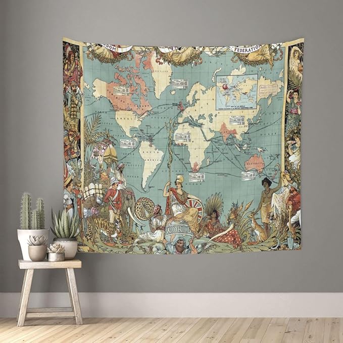 World Map Tapestry Wall Hanging for Kids Student 60 x 51Inch, World Map with Countries and Major Cities Tapestry Educational Wall Decorative Cloth for Bedroom Living Room Dorm Home Decoration