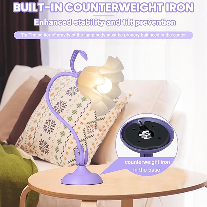 Vintage Flower Bedside Desk Lamp, 3 Color Modes with E26 Bulb, Small LED Unique Gooseneck Cute Table Lamp for Living Room, Modern Night Light for Kids Bedroom Decor, Girls Reading, Office, Purple