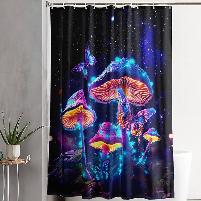 AILONEN Magic Mushroom Shower Curtain for Kids Girls,Glowing Mushrooms and Starry Night Waterproof Fabric Shower Curtain for Bathroom,Butterfly Plants Shower Curtain Set with Hooks,72" W*78" H