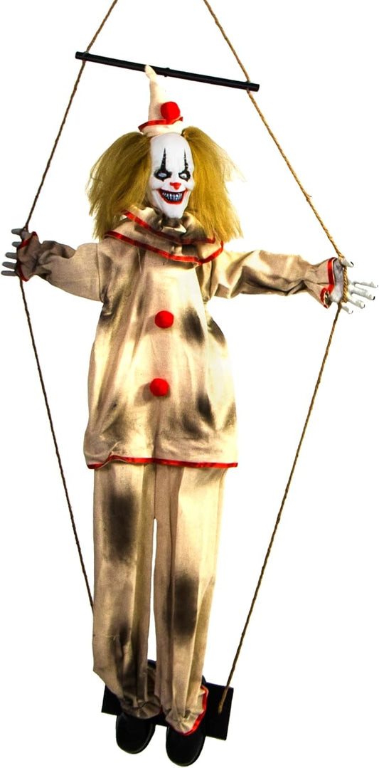Haunted Hill Farm Scary Swinging Talking Clown Animatronic with Touch Activated Lights and Sounds, Battery Operated Indoor or Covered Outdoor Decoration, Creepy Halloween Prop