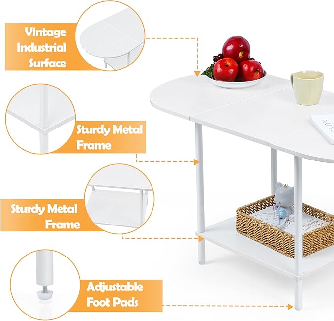 White Coffee Tables for Living Room,2-Tier Small Coffee Table Industrial Modern Oval Center Table with Storage Shelf and Wood Tabletop,for Small Space,Home Office