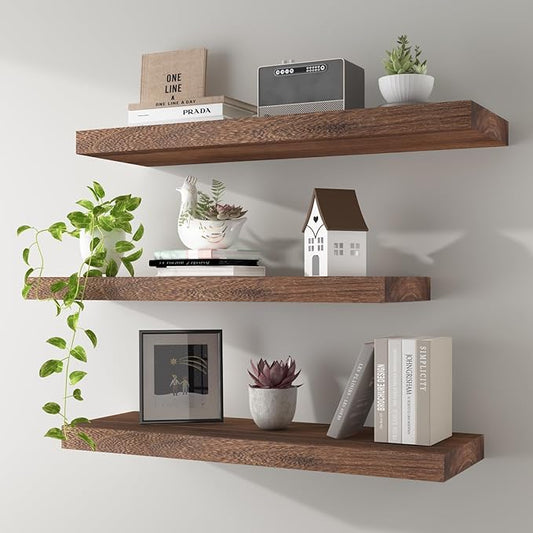 Floating Shelves 24 Inch Wall Shelf Solid Wood Mounted Storage for Bedroom Living Room Set of 3, Rustic Brown Wall Shelves