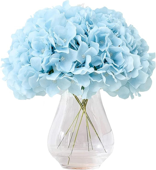 Ice Blue Hydrangea Artificial Flowers Heads Fake Silk Flowers Full Silk Flowers with Stems Wedding Home Party Shop Baby Shower Decor 10Pcs