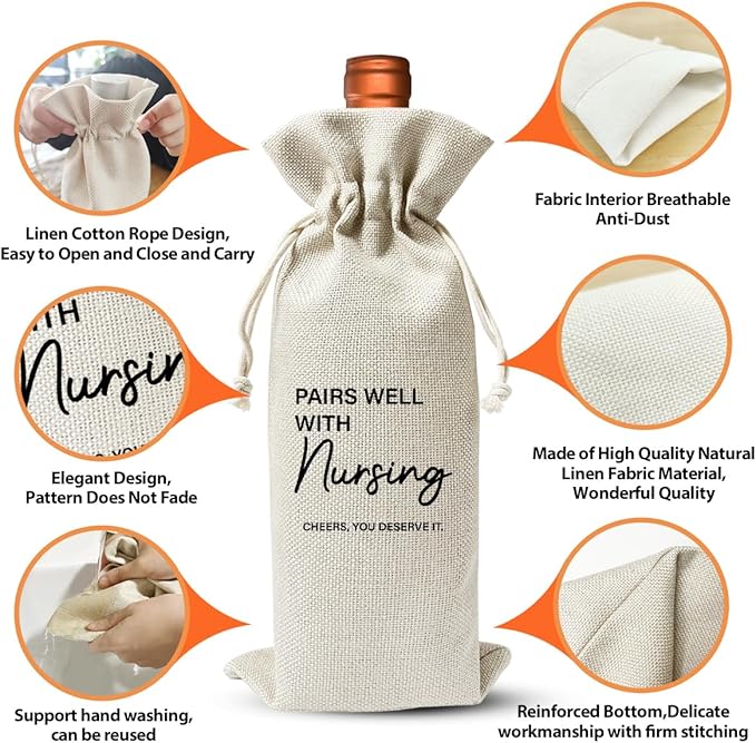 EUFJDKSL Nursing School Survivor Graduation Gift Party Decor Wine Bag, Nurse Day Week Gift Bag For Her Women Registered Practitioner Nurse, Drawstring Burlap Wine Bag
