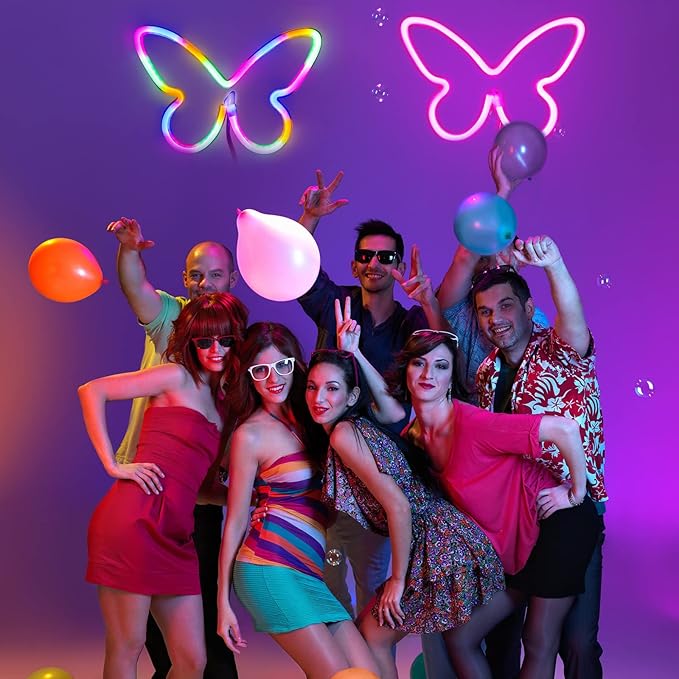 Riakrum 2 Pcs Butterfly Neon Signs LED Light 3AA Battery Powered USB Operated Wall Neon Light Decor Butterfly Wall Art for Christmas Home Bedroom Birthday Party Decor(Pink, Colorful)