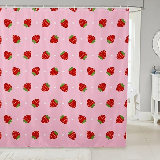 Feelyou Girls Strawberry Fabric Shower Curtain Kawaii Strawberry Shower Curtain Kids Boys Girls Pink Cartoon Fruit Food Theme Bathroom Waterproof Accessories with 12 Hooks Kawaii Curtains,72x78 Inches