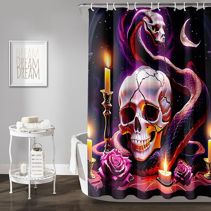 AILONEN Gothic Skull Shower Curtain for Bathroom,Terror Snake Skull Bath Curtain Decoration,Starry Skull Skeleton Print Waterproof Purple Curtain with 12 Plastic Hooks, 72" W*96" H