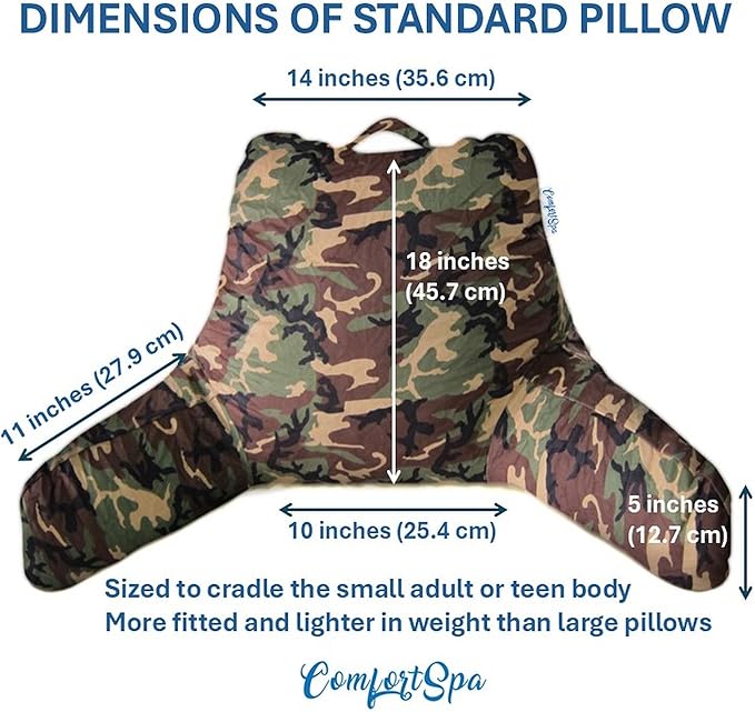 ComfortSpa Reading Pillow for Bed Adult Size, Back Rest Pillow with Arms, Pockets, Washable Cover; Use as Back Pillow for Bed Sitting Up for Bedrest or Relief from GERD Heartburn (Large Camouflage)