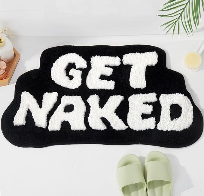 Irregular Shaped Get Naked Bath Mat - Fun, Cute Non-Slip Black & White Decor, 31" x 18"