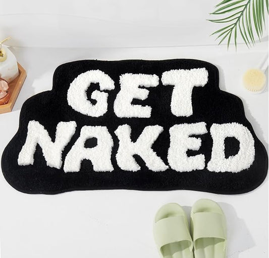 Irregular Shaped Get Naked Bath Mat - Fun, Cute Non-Slip Black & White Decor, 31" x 18"