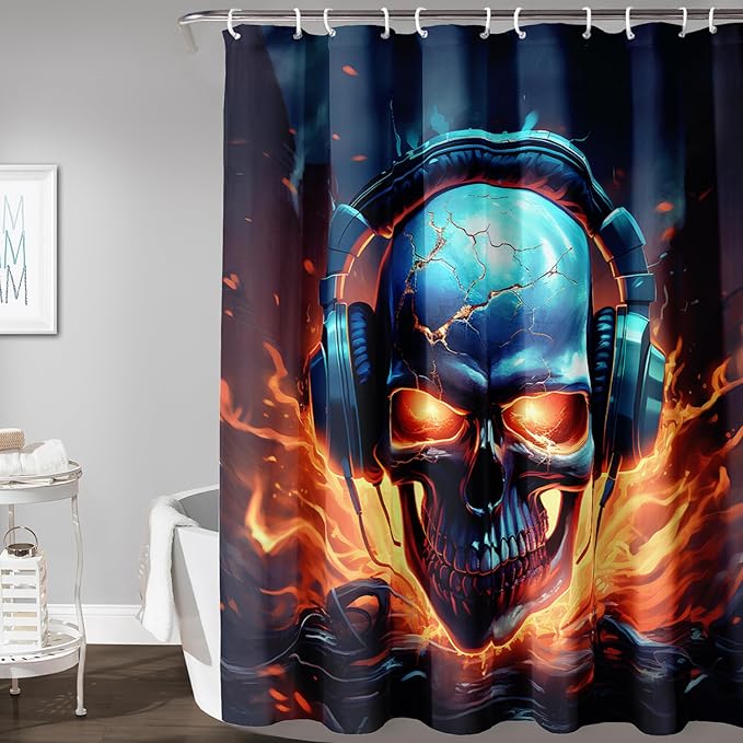 AILONEN Headset Skull Shower Curtain,Hip Hop Skeleton Fire Skull Bath Curtain,Cool Skull Decoration Bathroom Curtain with 12 Plastic Hooks,Waterproof 48" W*72" H