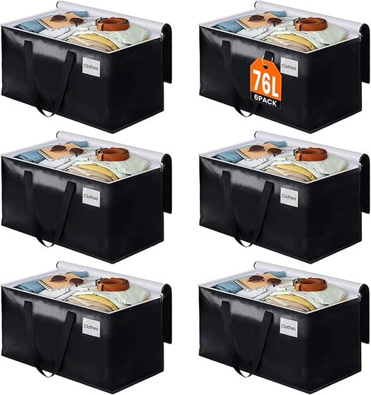 BlissTotes Moving Bags, Heavy Duty Moving Boxes with Zippers Top and Sturdy Handles, Storage Bags for Space Saving and Packing, Collapsible Moving Supplies, Storage Totes (76L, 6-Pack, Black)