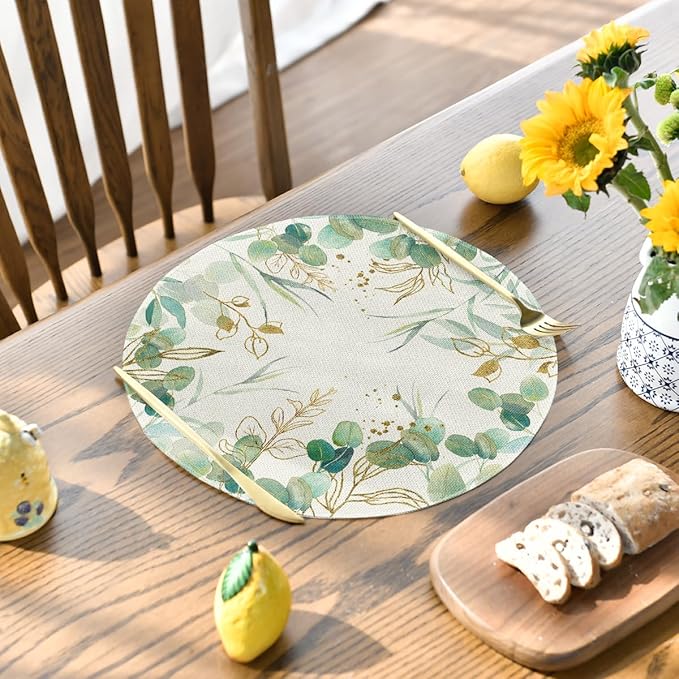 Artoid Mode Eucalyptus Summer Round Placemats Set of 4, 15 Inch Summer Round Table Mats for Dining Decoration