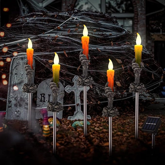 ILLUMINEW Halloween Decorations Outdoor, 5 Pack Solar Pathway Lights, LED Skull Hand Candle Holder, Outdoor Party Home Garden Porch Decor