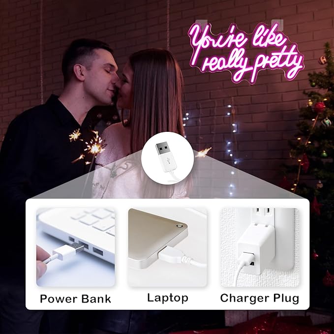 Lucunstar You're Like Really Pretty Neon Sign,Led Sign,Pink Led Neon Light for Wall Decor,Neon Signs for Wall Decor,Light Sign for Wedding,Dimmable Switch USB with Neon Sign for Bedroom,Home Decor