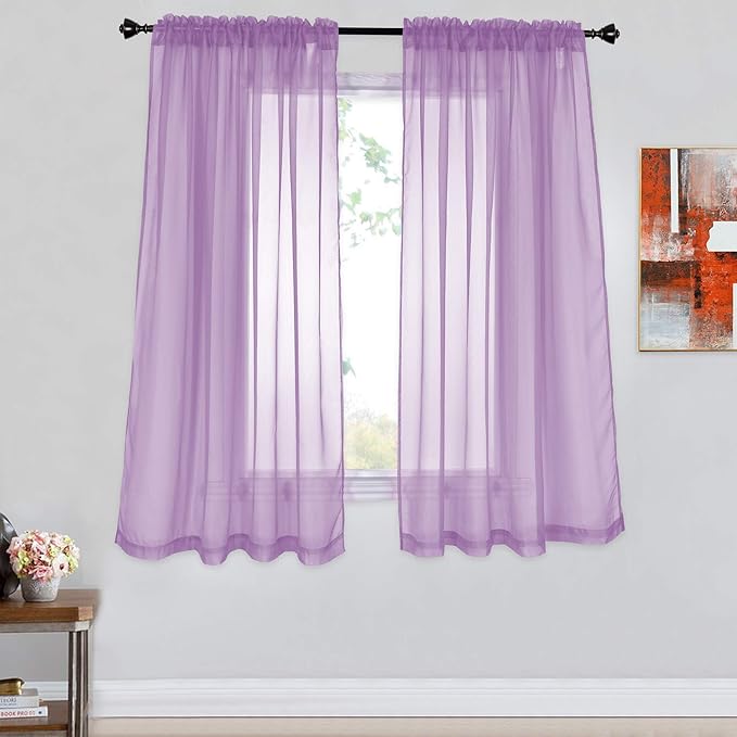 DONREN 2 Panels Solid Color Lilac Purple Sheer Curtains Elegant Rod Pocket Window Voile Panels Drapes for Bedroom Living Room (52X54 Inches)