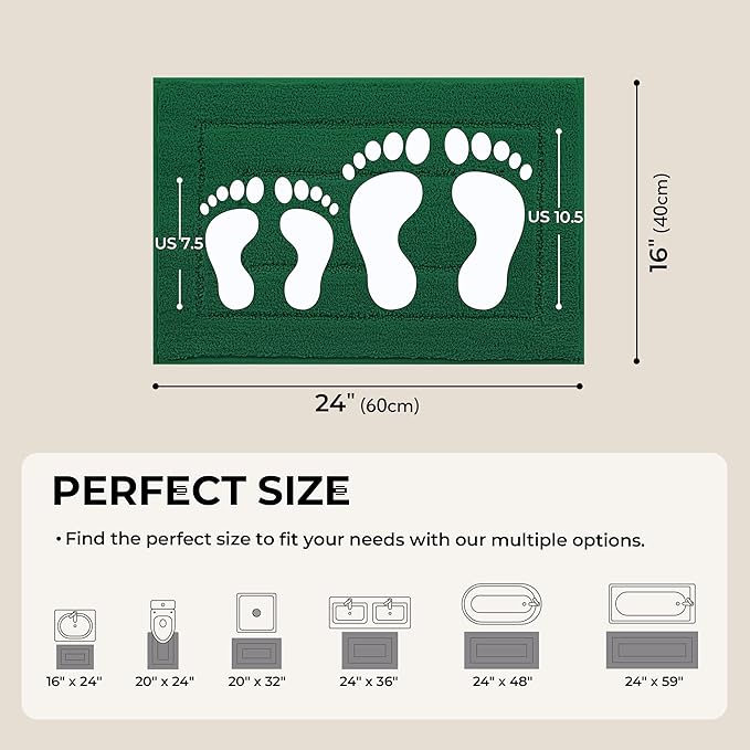 GRANNY SAYS Green Bathroom Rugs Non Slip, 16" x 24", Bath Rugs for Bathroom, Small Bath Rug Washable，Absorbent Bath Mats for Shower Room Floor, Microfiber Mat for Tub, Absorbent Shower Rugs