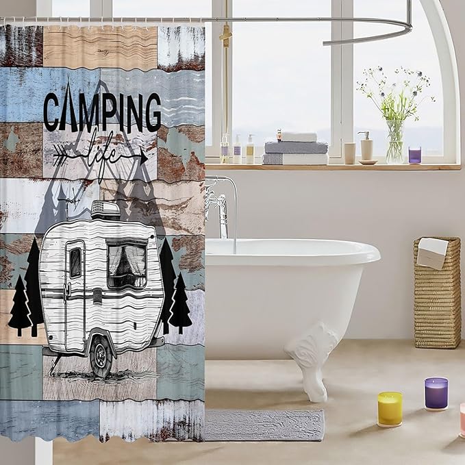 Feelyou Happy Camping Shower Curtain White Camper Fabric Shower Curtain for Kids Boys Girls Farmhouse Style Bathroom Waterproof Accessories with 12 Hooks Vintage Barn Door Curtains,72X78 Inches