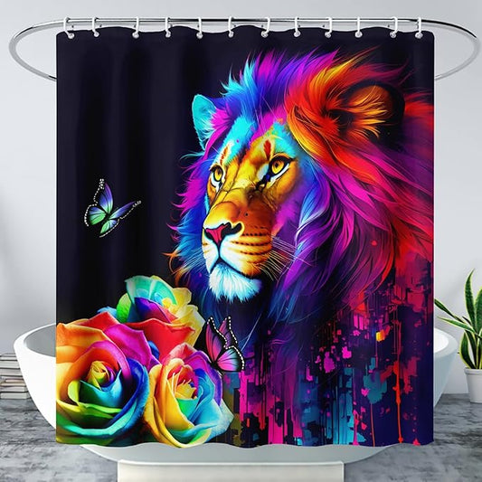 AILONEN Colorful Lion Shower Curtain for Kids Boys Teens,Rose Flower Graffiti Lion Bath Curtain for Bathroom Decor,Romantic Polyester Waterproof with 12 Plastic Hooks 72" W*72" H