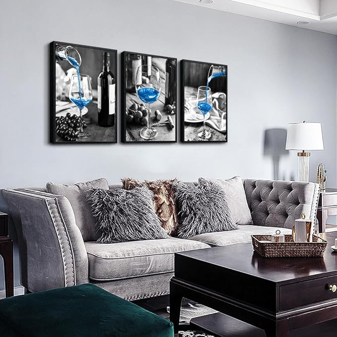 TTHYUEWS Large Black Framed Wall Art for Kitchen Modern Wall Decor for Dining Room Blue Wine Glasses Pictures Prints Artwork Black and White Wall Paintings Ready to Hang for Restaurant Home Decor