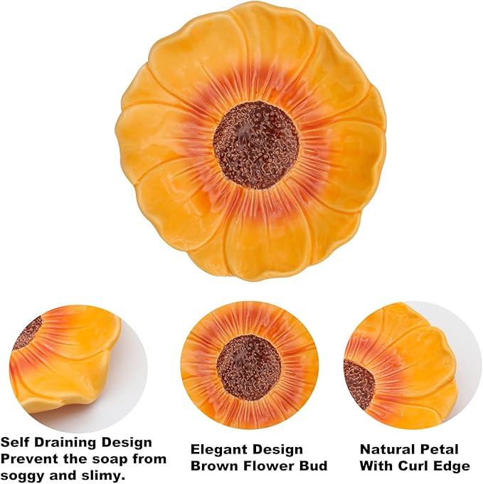 Elegant Bathroom Soap Dish, Inspired by Nature Sunflower, Ceramic Soap Dish Holder, Self-Draining and Multiple Styles for Bathroom Kitchen Accessories