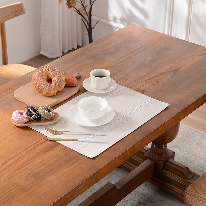 Wracra Cotton Linen Placemats, 12 x 18 Inch Set of 4 Fete Placemats Rustic Hemstitch Place Mats for Kitchen Table and Heat Resistant-Ivory