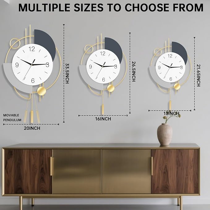 Wall Clock, Silent Quality Quartz Battery Operated with Pendulum, Large Wall Clock for Living Room Kitchen Home Bathroom Bedroom Wall Decor,13x21.65inch,Golden