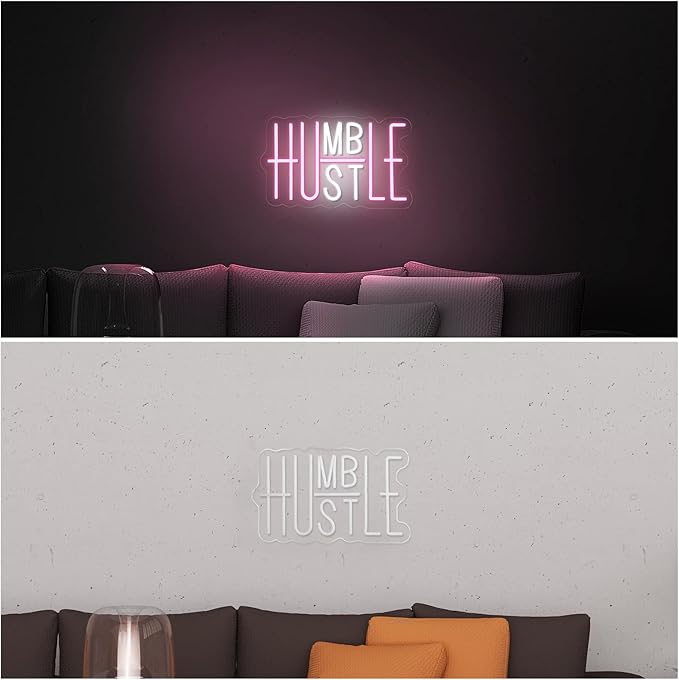 Hustle LED Neon Sign for Wall Decor, Humble LED Neon Lights for Party Decorations, USB Powered Switch Adjustable Brightness Lights, for Office Room, Gym Room, Man Cave Decor (Pink&White)