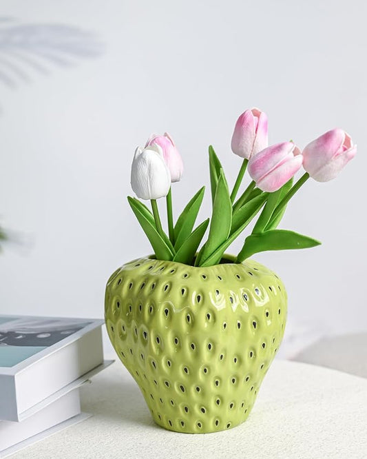 DN DECONATION Green Strawberry Vase, Ceramic Strawberry Vases for Lego Flowers, Decorative Cute Vases Cool Vase for Strawberry Party Home Decor