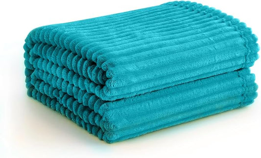 Vessia Flannel Fleece Throw Blanket for Couch,Sofa,Bed, 300GSM Striped Teal Blanket for Adults and Kids, Super Soft Warm Cozy Lightweight Ribbed Throw for All-Season