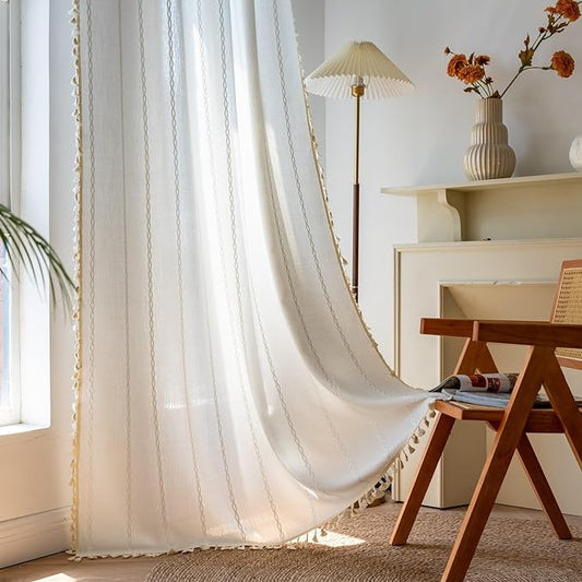 Sutuo Home Boho Curtains 72 Inches Length for Bedroom Living Room,Country Farmhouse Vintage Shabby Chic Tassels Window Treatment Bohemian Embroidery Drape, Rod Pocket 1 Panel 52" W x 72" L, White