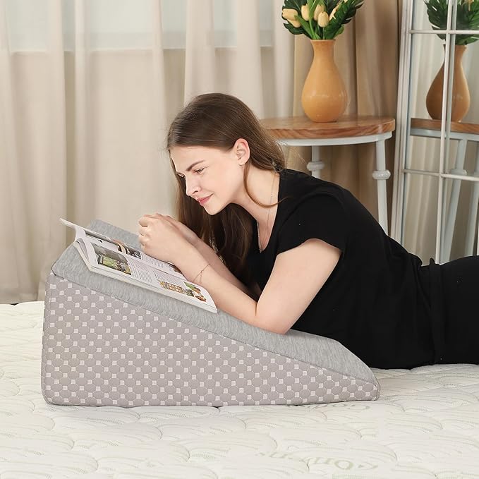 Wedge Pillow for Sleeping, 10 Inch Cooling Triangle Bed Pillow with Removable Cover, Elevated Body Pillow Wedge for Back Support, After Leg Surgery, Snoring, Acid Reflux, Grey