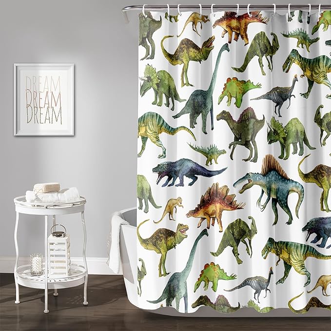 AILONEN Dinosaur Shower Curtain 72" W*96" H for Bathroom,Cartoon Dinosaur Bathroom Shower,Tropical Jungle Dinosaur Kids Boys Bath Curtain Polyester Waterproof Bathroom Curtain with 12 Hooks