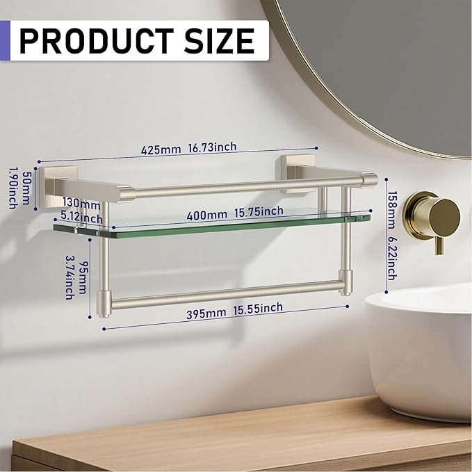 Bathroom Glass Shelf Towel Rack Shelf Glass Organizer Wall-Mounted Bathroom Storage SUS304 Stainless Steel Towel bar/Track Wall-Mounted Tempered Glass Stainless Steel Shelf (Brushed Nickel, 16-inch)