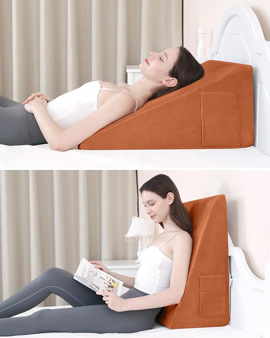 Wedge Pillow for Sleeping, 12 Inch Bed Wedge Pillow for After Surgery, Acid Reflux, Memory Foam Top Triangle Pillow Wedge for Head, Back, Leg with Machine Washable Cover-Camel