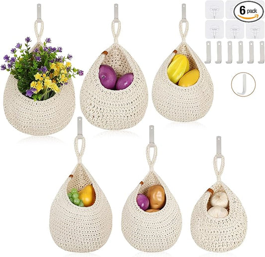 Hanging Fruit Baskets for Kitchen - 6 Pack Boho Wall Hanging Basket,Handwoven Wall Fruits Basket,for Garlic Potato Vegetable Onion Teardrop Home Hanging Storage Baskets(White Classic）