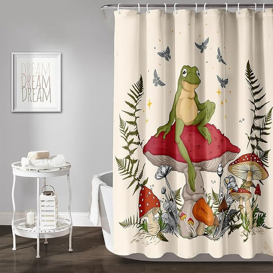 AILONEN Frog Mushroom Shower Curtain Cartoon Animal Wildlife Red Mushroom Boho Aesthetic Minimalist Modern Art Bathroom Decor 72" W*96" H Shower Curtains with 12 Hooks