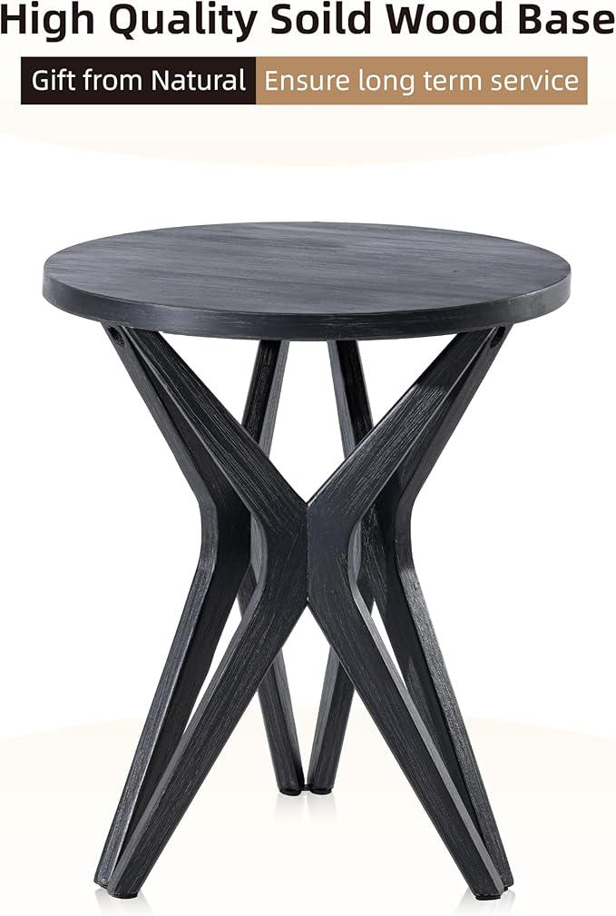 LONYKE Pedestal Farmhouse End Table, Distressed Top with Tripod Base Bedside Table for Living Room, Modern, Boho Decor, Round (1 Pack, Distressed Black)