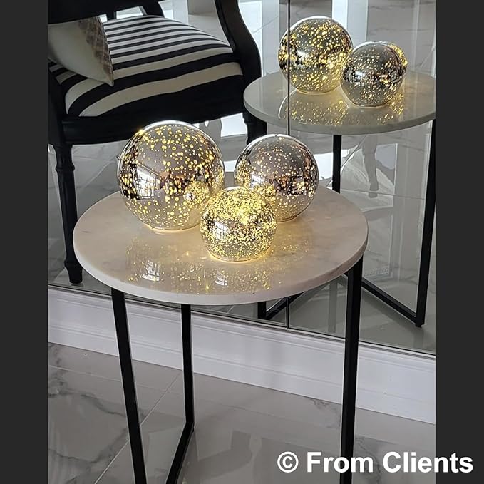 Lighted Mercury Glass Ball Table Lamp, Silver Cordless Glass Orb Christmas Decor Ball Led Light Globe, Modern Light Up Battery Operated Sphere Night Light for Home Bedroom Indoor Decor, Small