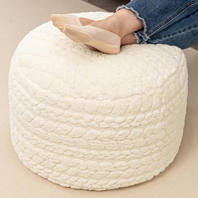 Round Pouf Ottoman 20 x 20 x 14 Inches Boho Poof Home Decor Floor Pouffe Ottoman Foot Rest for Couch Sofa Bean Bag Chairs Living Room Bedroom Cream