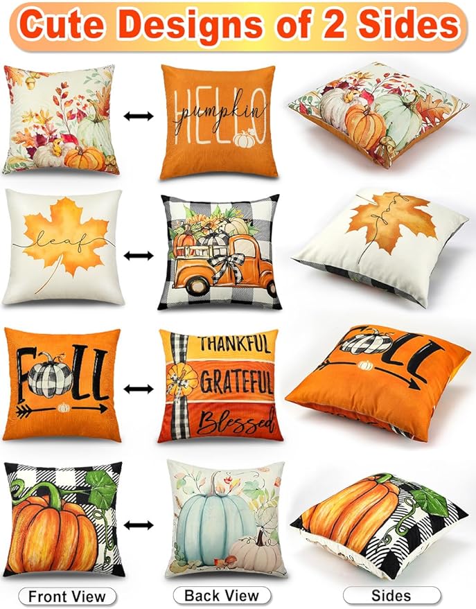TOYPOPOR Fall Decorations Pillow Covers Double-Side Printing 18'' x 18'' Set of 4, Pumpkins Thankful Blessed Buffalo Plaid Fallen Leaves Thanksgiving Throw Cushion Cases for Outdoor Indoor Home Decor